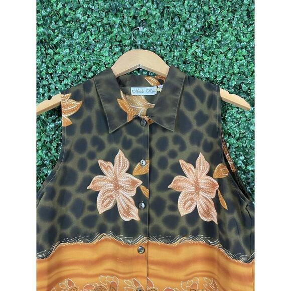 Marla Kim Olive Green & Rust Top Women Size Large Sleeveless Button Down Vintage - Picture 11 of 11